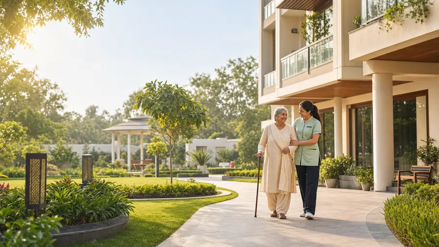 Premium senior living accommodation with landscaped senior-friendly access